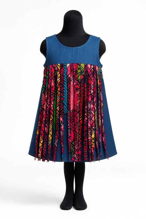 Girls denim and African wax print dress - Image 1